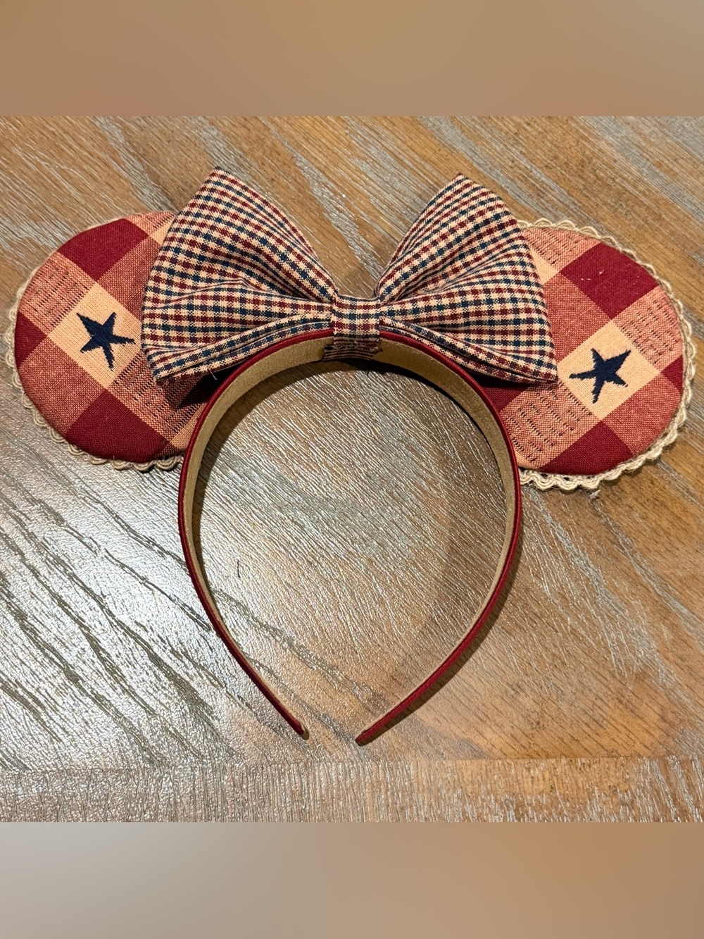Rustic Homespun Americana Plaid Red & Tan Minnie Ears Headband